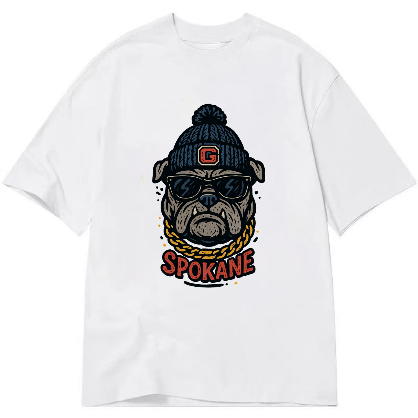 Spokane Bulldog wearing Gonzaga beanie with G patch - Classic T-shirt - White