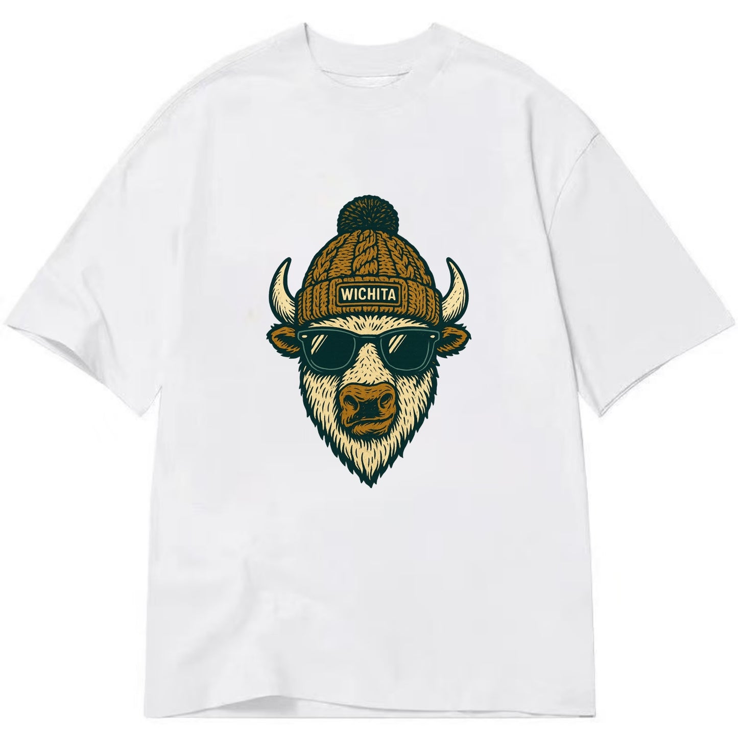 Kansas American Bison wearing Wichita beanie with pom pom and wayfarer sunglasses - Classic T-shirt - White