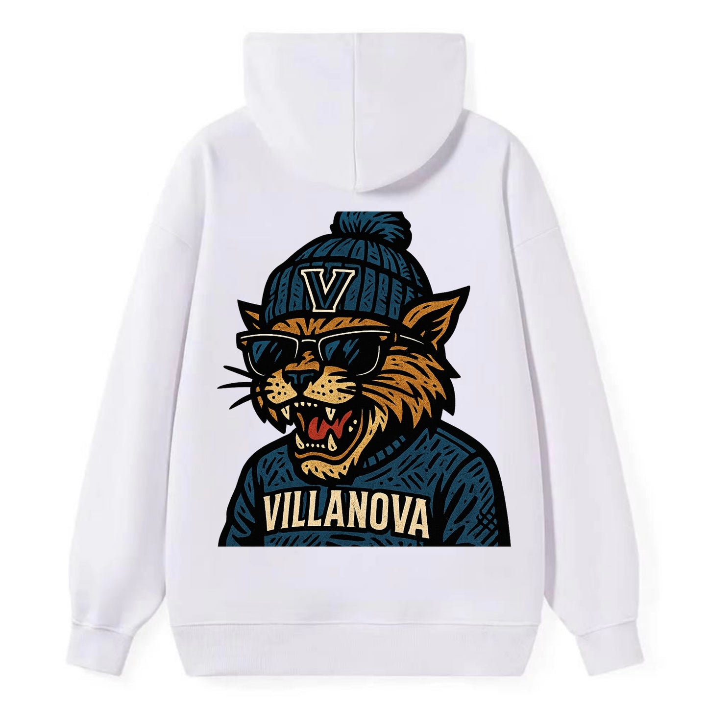Villanova Wildcat wearing Villanova beanie with V patch - Classic Pullover Hoodie - White