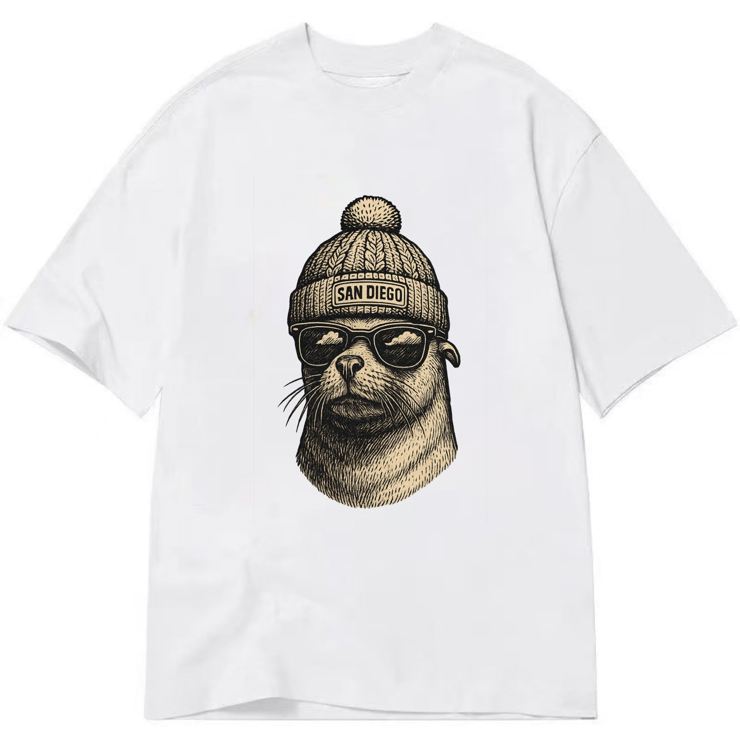 San Diego Sea Lion wearing San Diego beanie with pom pom and wayfarer sunglasses - Classic T-shirt - White