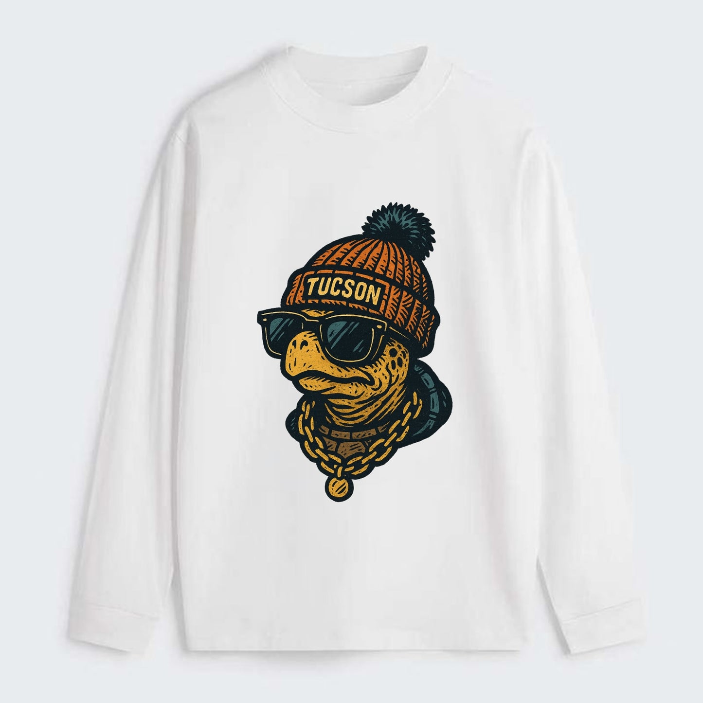 Tucson Desert Tortoise wearing Tucson beanie with pom pom and wayfarer - Classic Long Sleeve Shirt - White