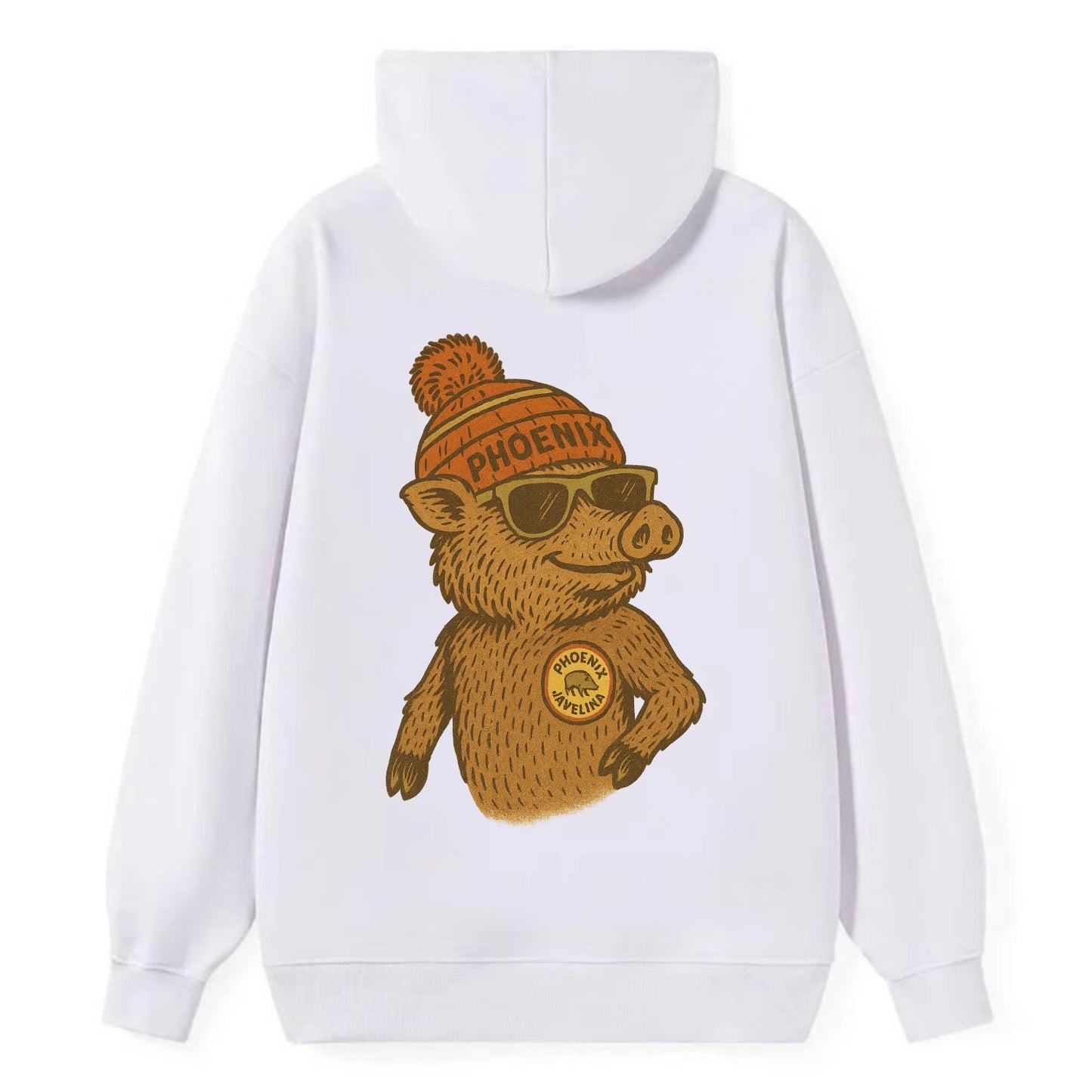Phoenix Javelina wearing Phoenix beanie with pom pom and wayfarer - Classic Pullover Hoodie - White