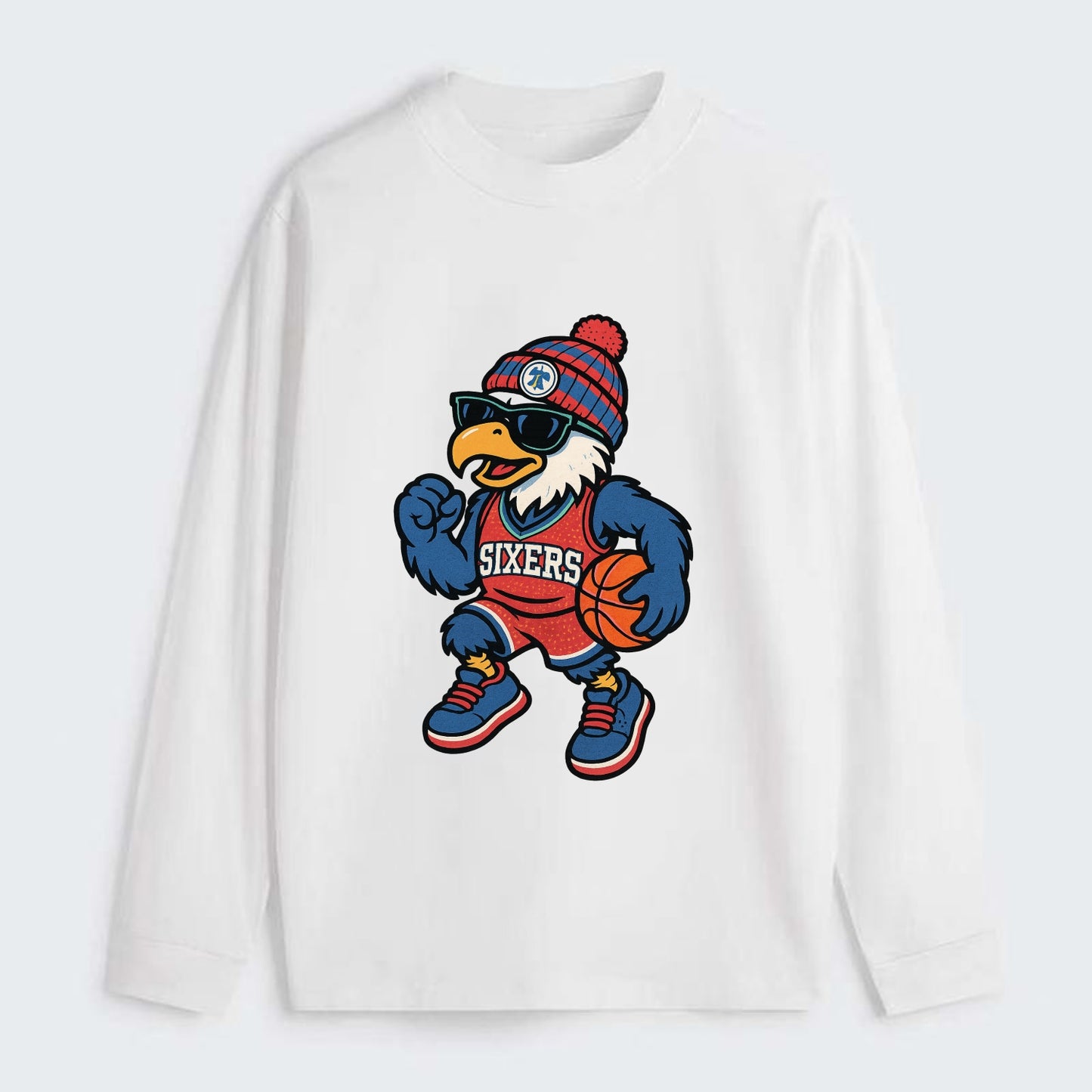 Philadelphia Eagle wearing 76ers red white and blue beanie with bell - Classic Long Sleeve Shirt - White