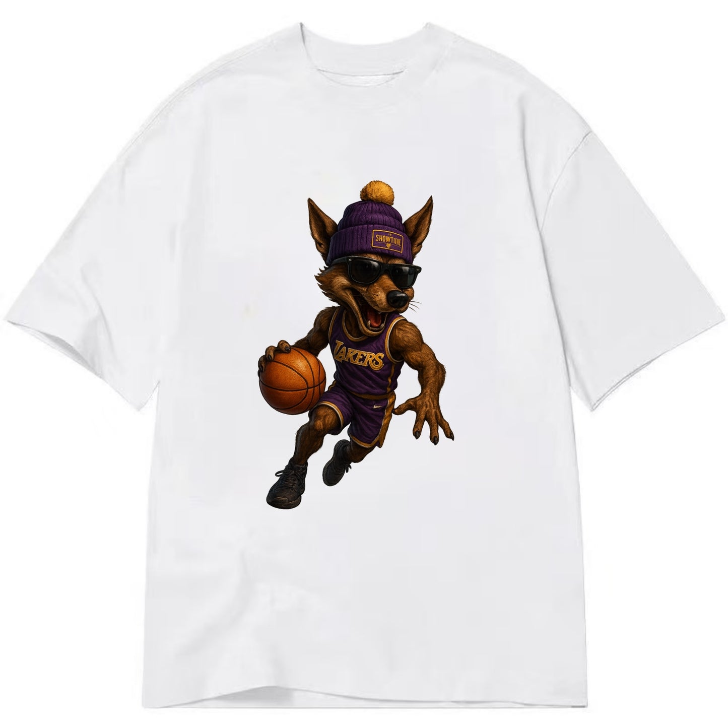 Hollywood Coyote wearing Lakers beanie with Showtime patch and wayfarer sunglasses - Classic T-shirt - White