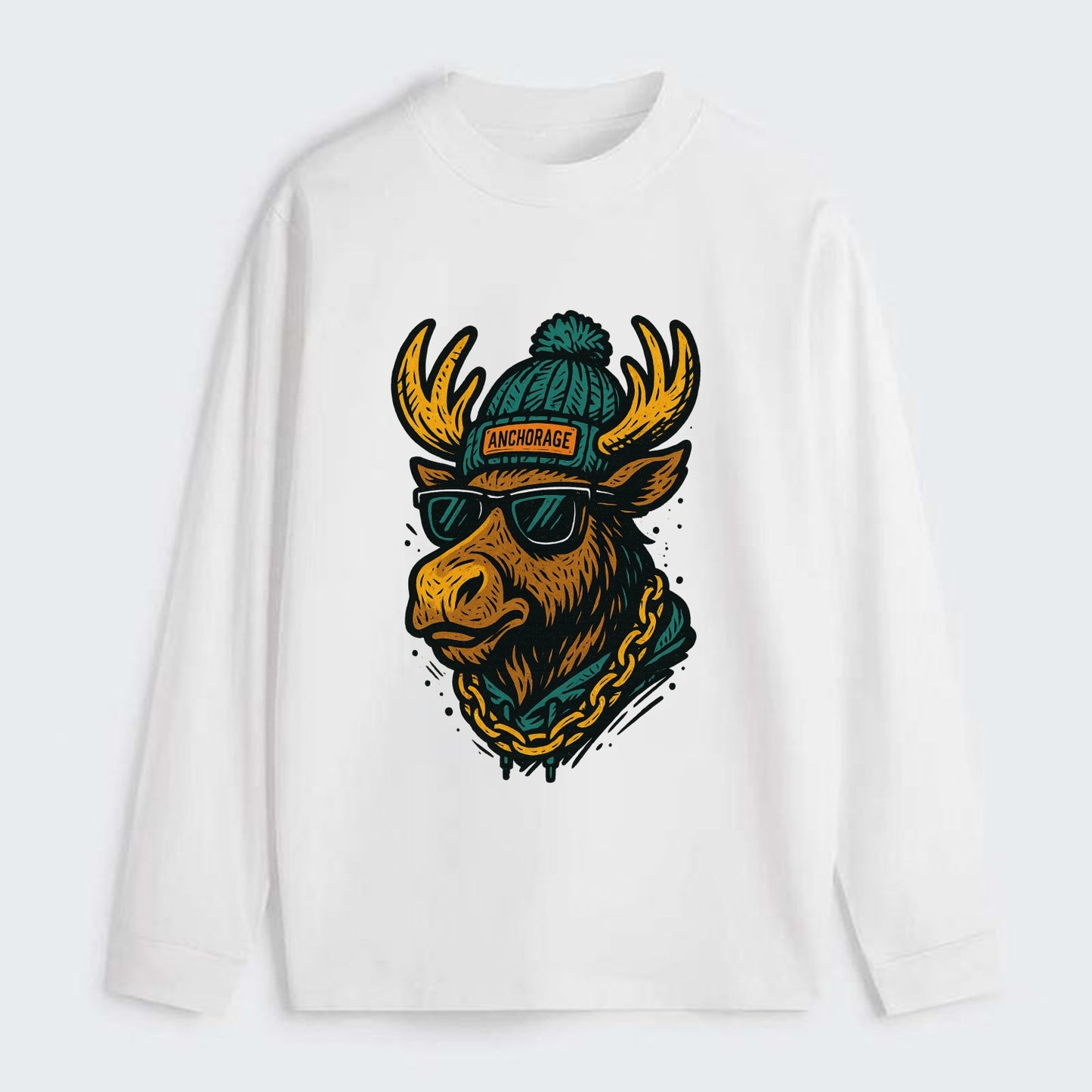 Alaska Moose wearing Anchorage beanie with pom pom and wayfarer - Classic Long Sleeve Shirt - White