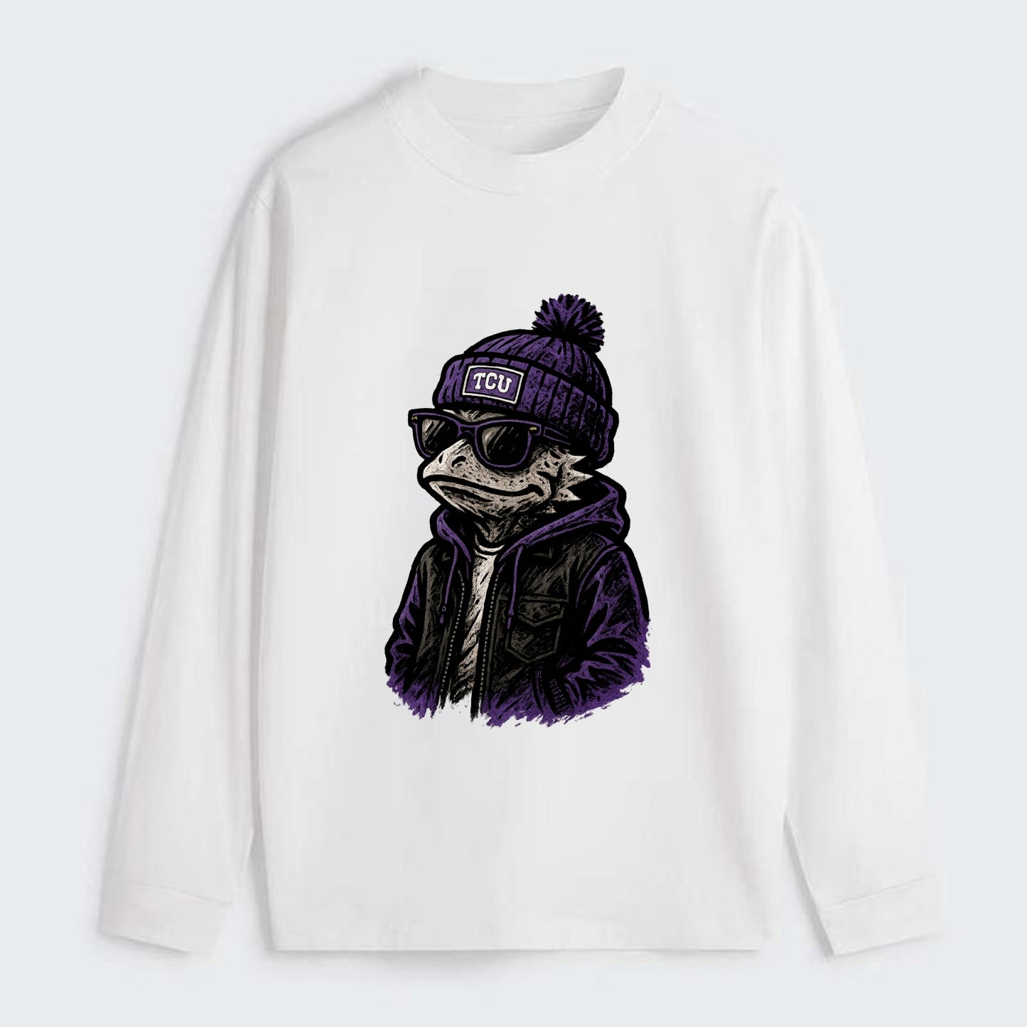 Fort Worth Frog wearing TCU beanie with horned patch - Classic Long Sleeve Shirt - White