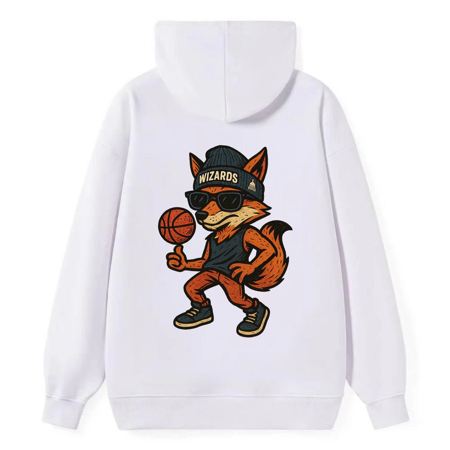 Washington Fox wearing Wizards beanie with capitol patch and wayfarer - Classic Pullover Hoodie - White