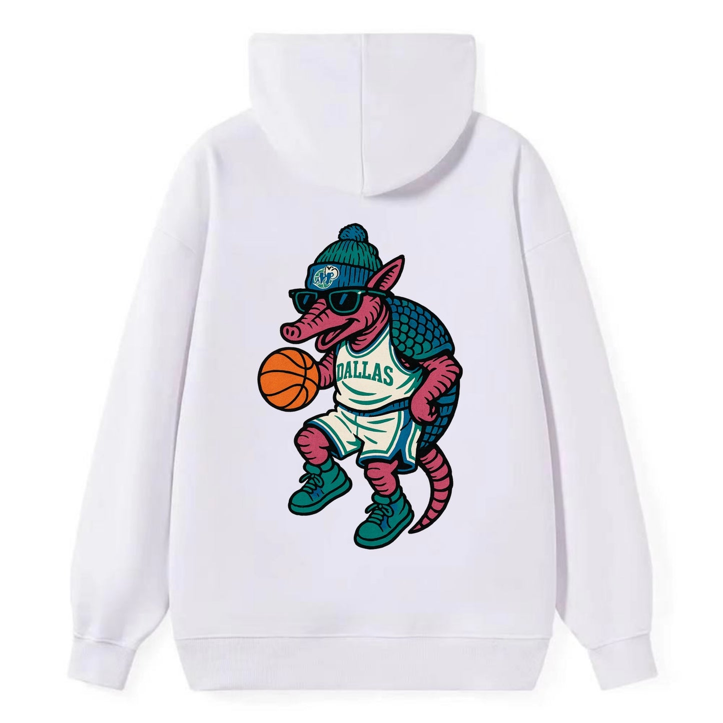 Dallas Armadillo wearing Mavericks beanie with cowboy hat patch and - Classic Pullover Hoodie - White
