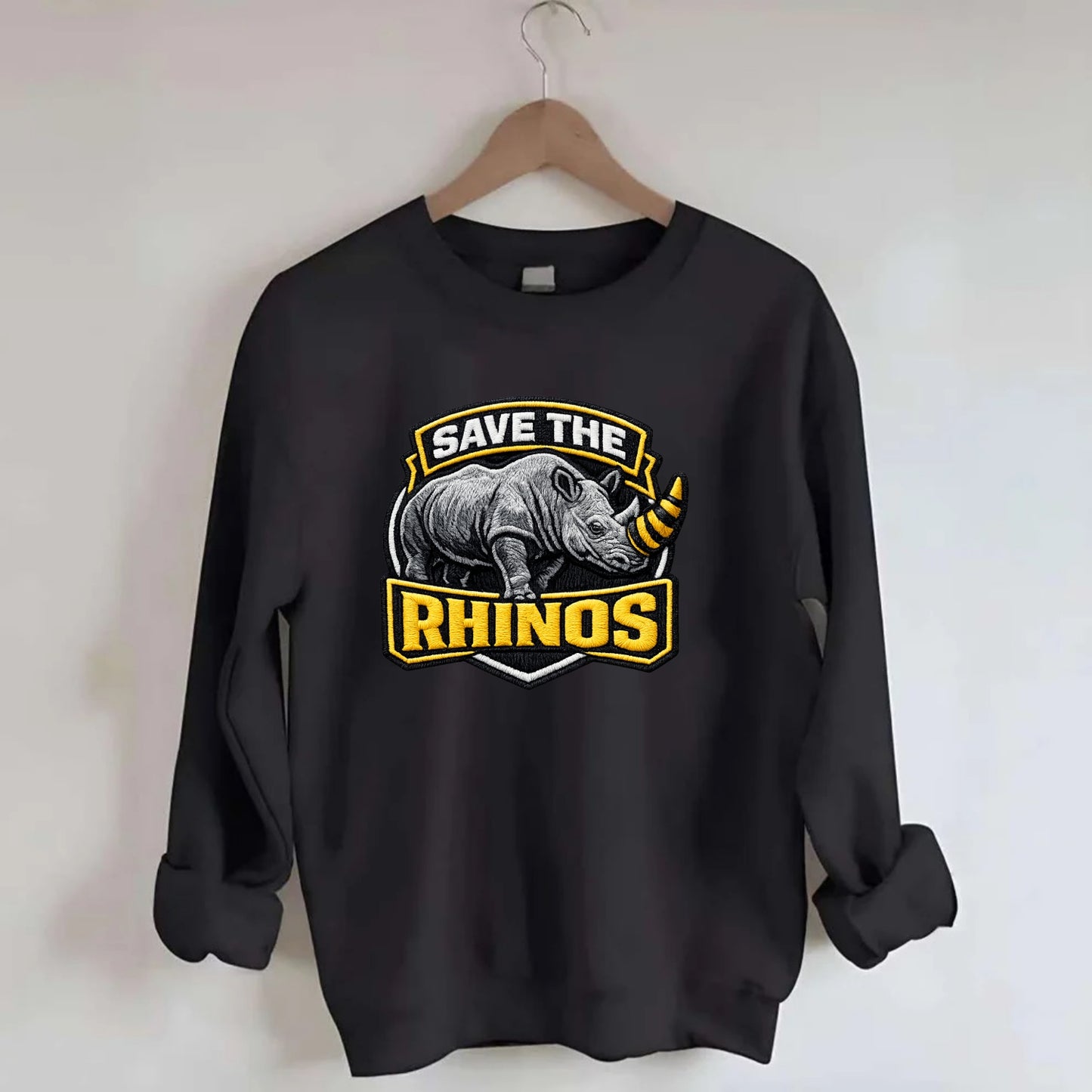 SAVE THE RHINOS - rhino silhouette in gray , horn protection - Crewneck Sweatshirt - black
