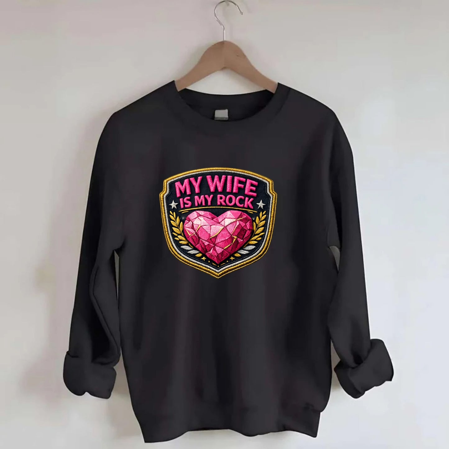 MY WIFE IS MY ROCK - pink rock heart - pink - solid wife - Crewneck Sweatshirt - black