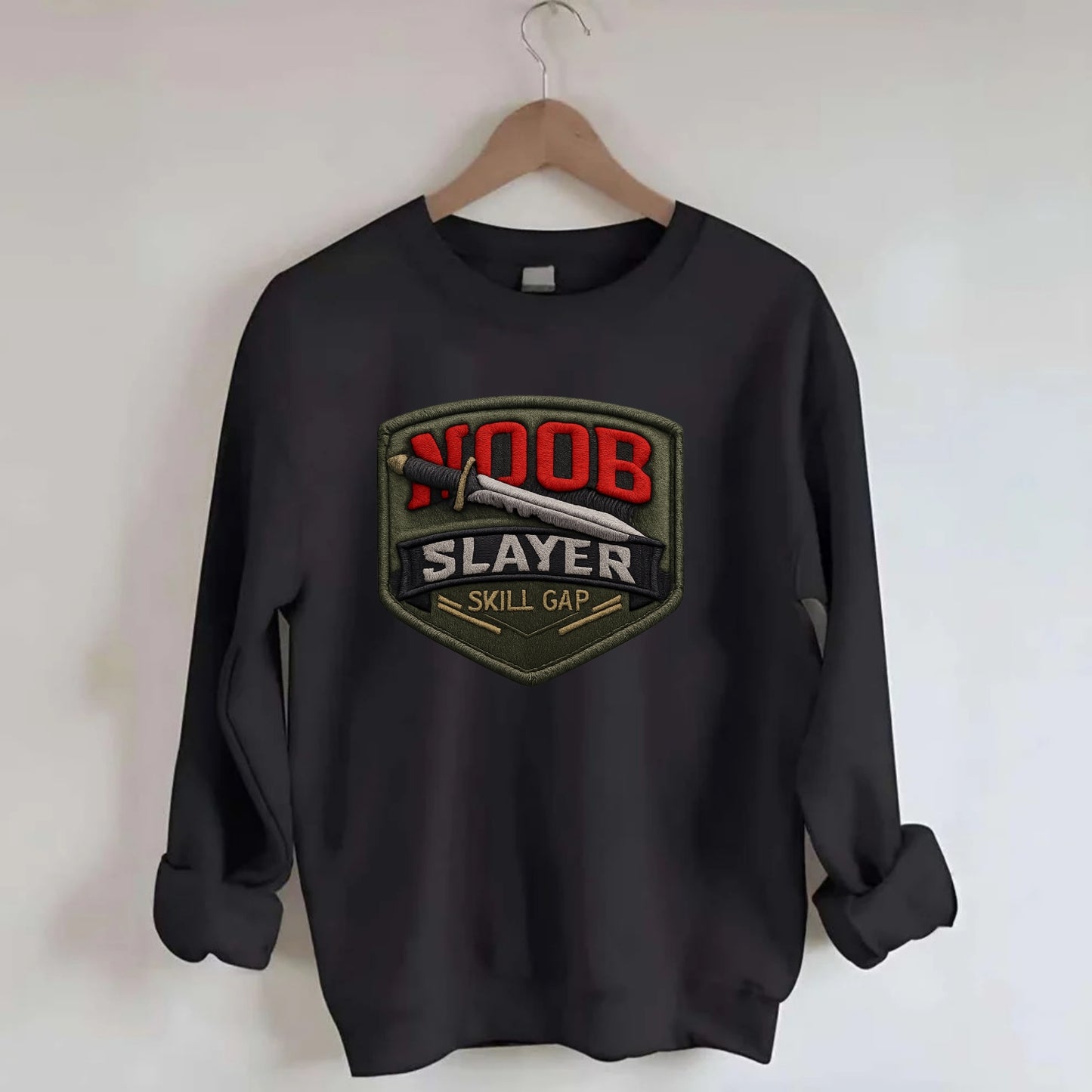 NOOB SLAYER - sword through noob text in red and silver , skill gap - Crewneck Sweatshirt - black