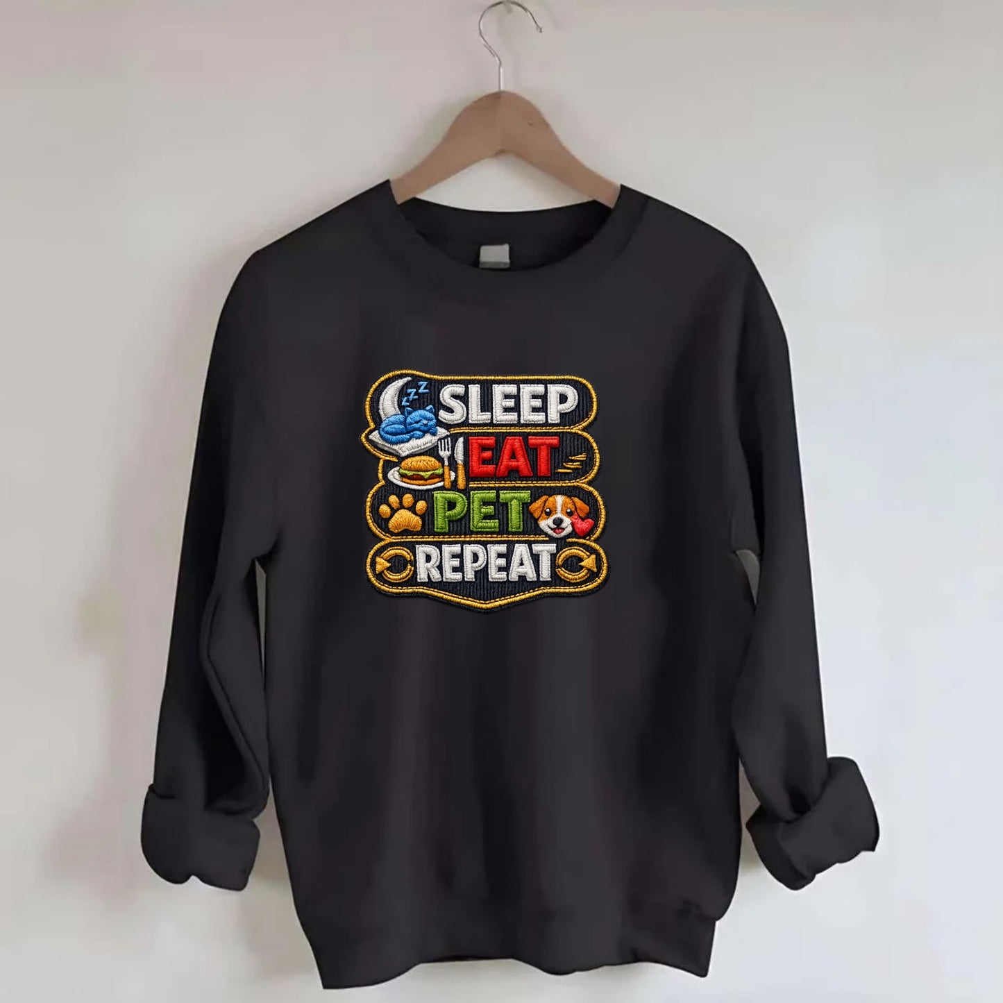 SLEEP EAT PET REPEAT - daily routine icons in multicolor , pet life - Crewneck Sweatshirt - black