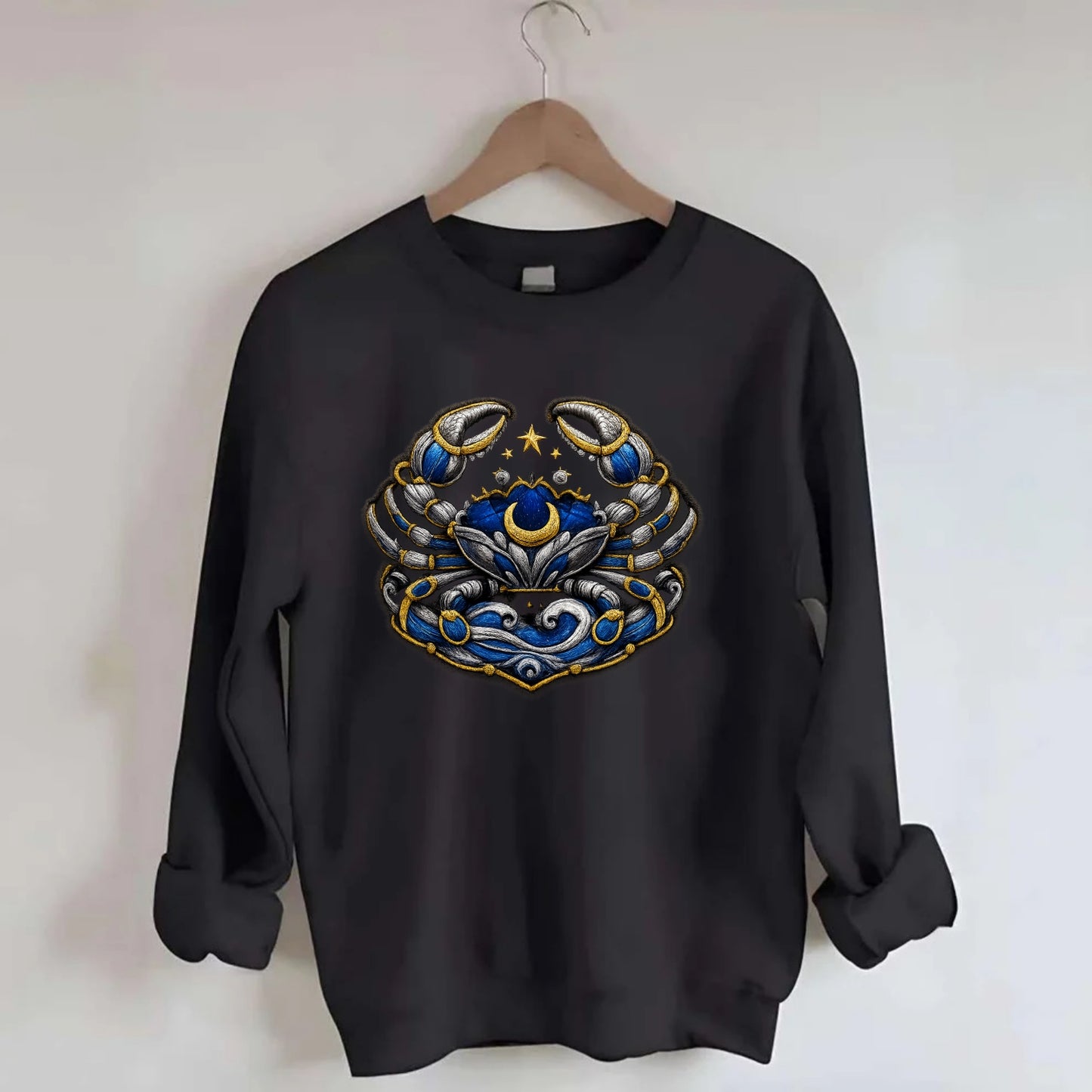 CANCER CRAB - protective crab in silver and blue , water sign - Crewneck Sweatshirt - black