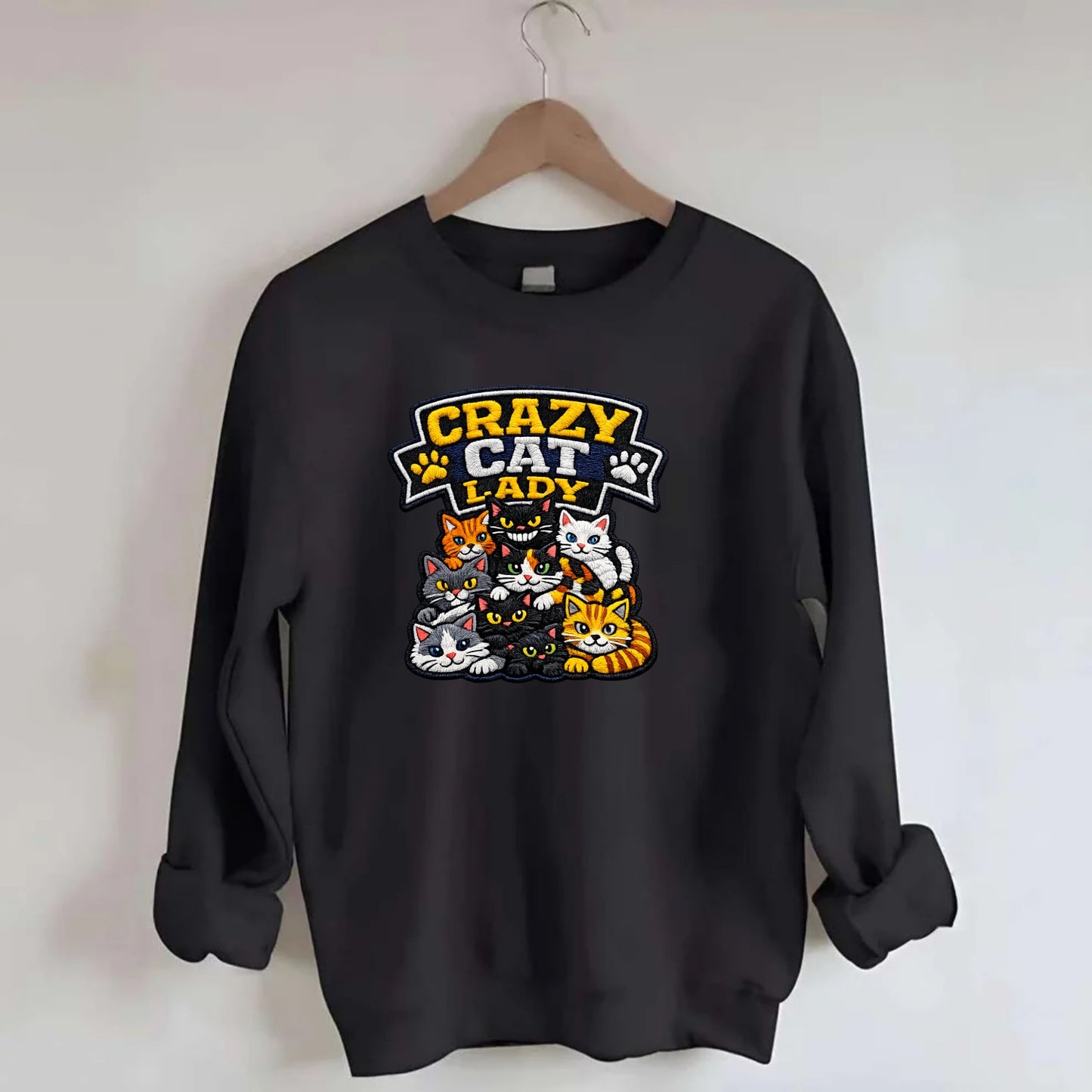 CRAZY CAT LADY - cat pile in multicolor , cat collector - Crewneck Sweatshirt - black