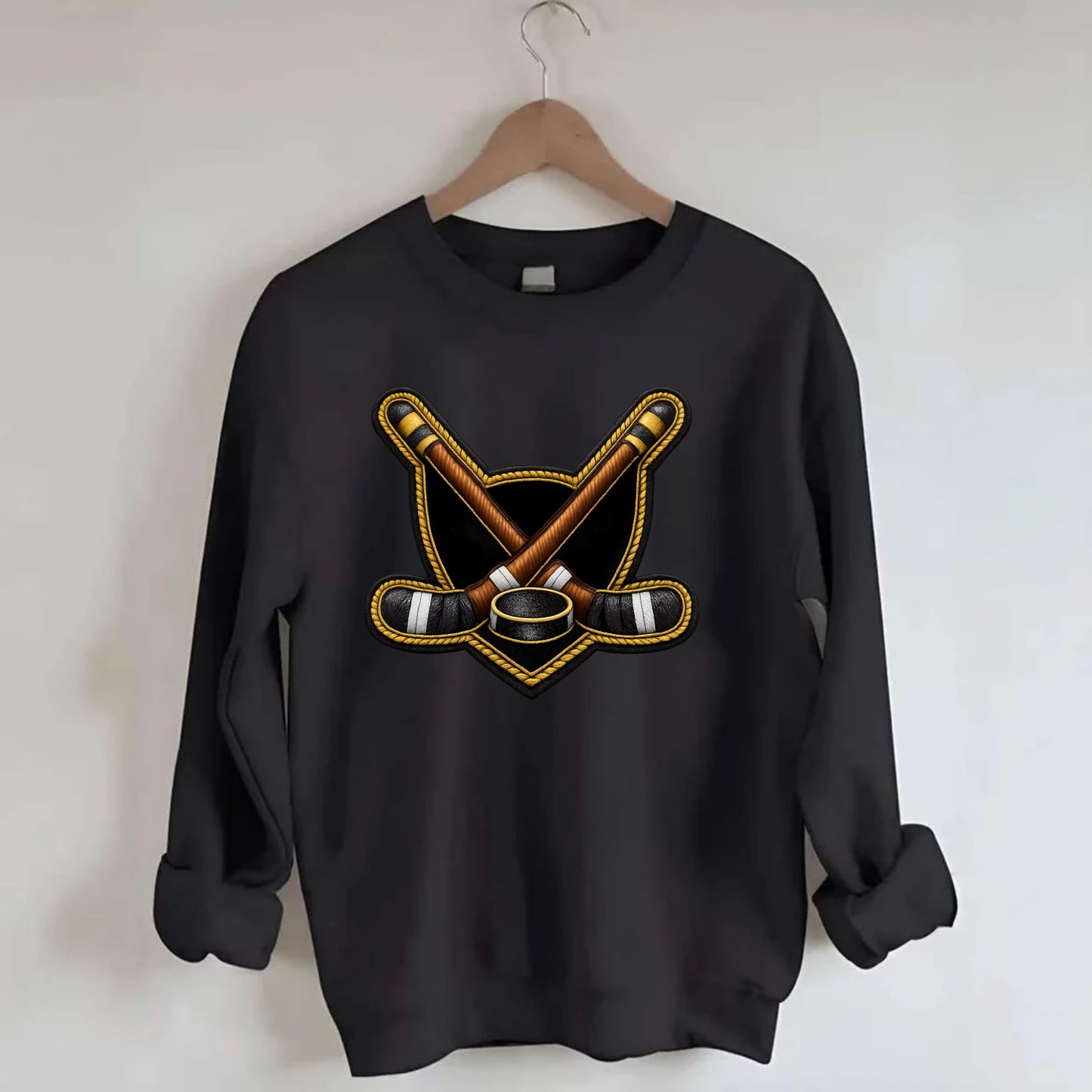 Embroidered patch design - HOCKEY CROSSED STICKS - ice hockey sticks with - Crewneck Sweatshirt - black