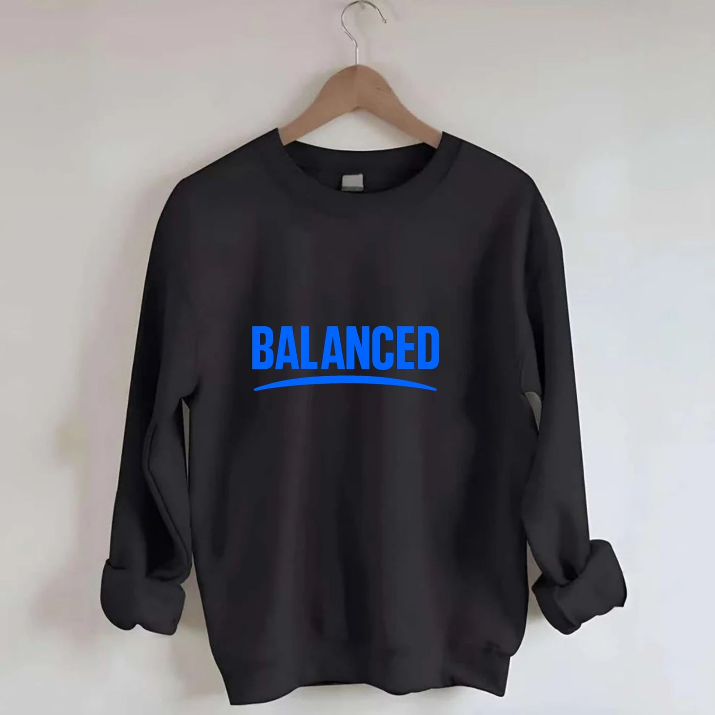 Bold typography design - "BALANCED" - harmony, equilibrium, centered life - Crewneck Sweatshirt - black