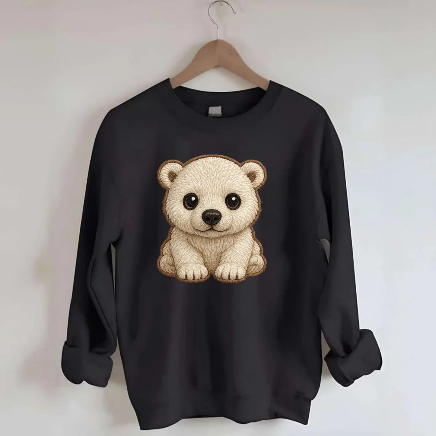 Baby Polar Bear Cub - white fluffy, black nose, dark curious eyes, - Crewneck Sweatshirt - black