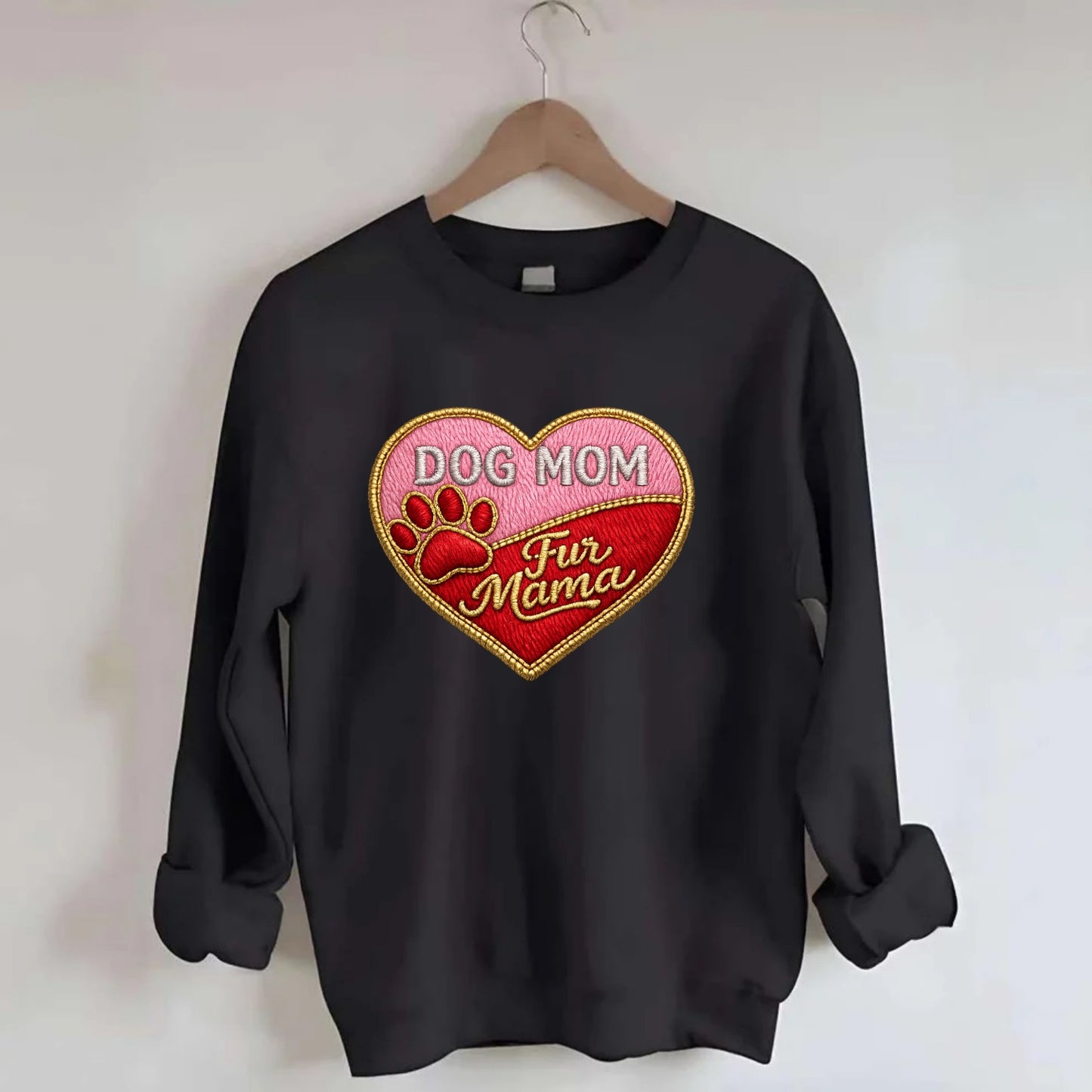 DOG MOM HEART - heart with paw print in pink and red , fur mama - Crewneck Sweatshirt - black