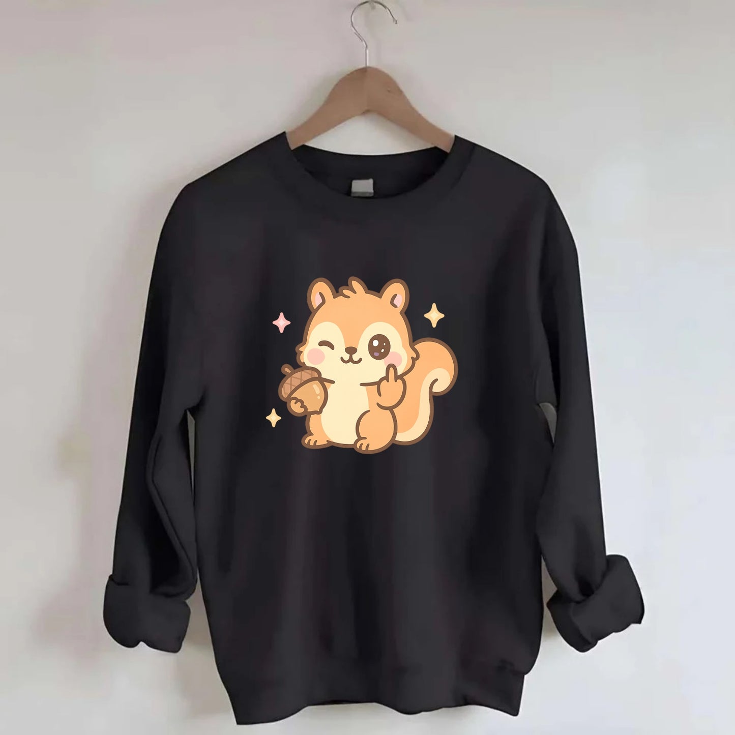 sweet squirrel holding acorn in one paw, flipping off with the other - Crewneck Sweatshirt - black