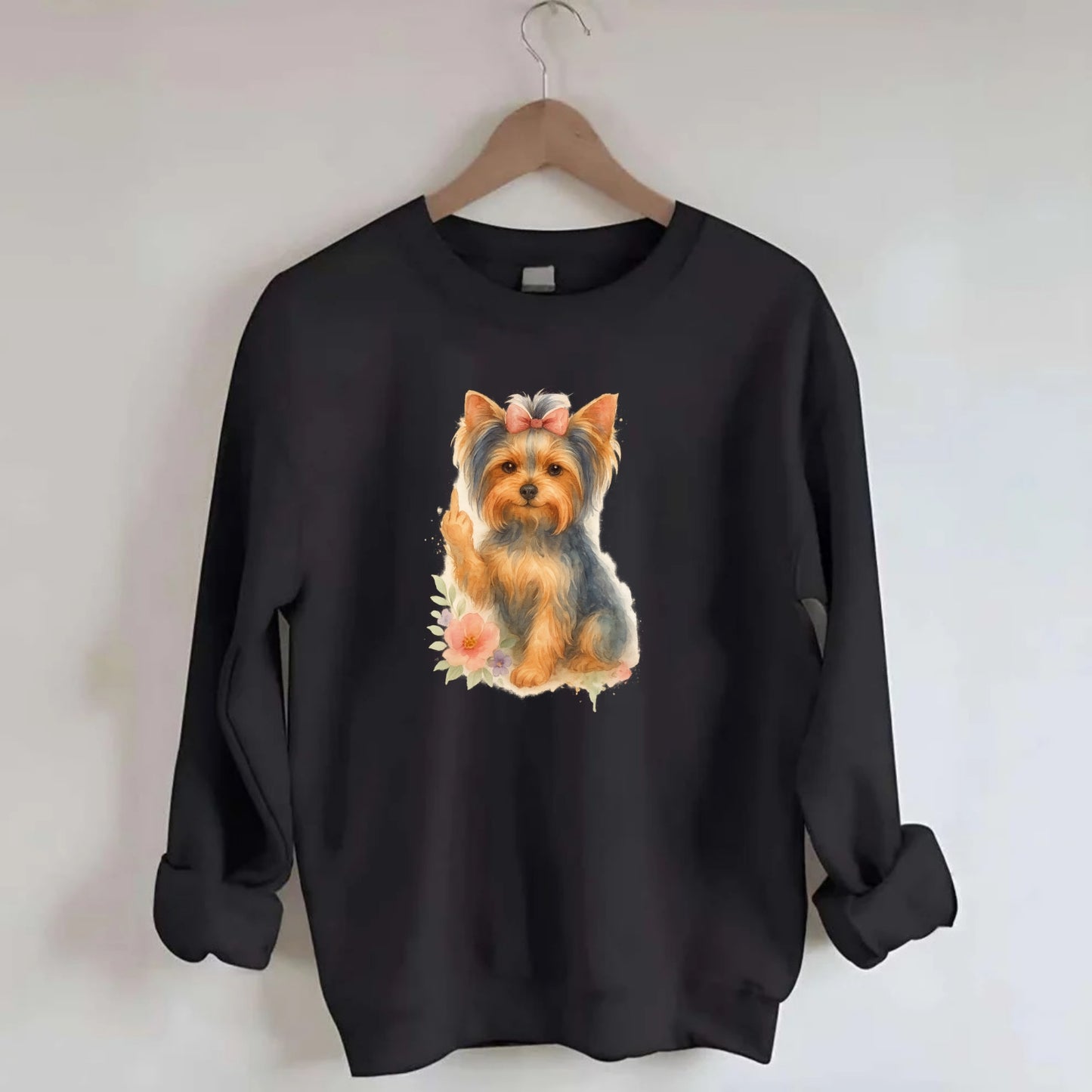 Yorkshire Terrier with topknot bow, one delicate paw flipping off - Crewneck Sweatshirt - black