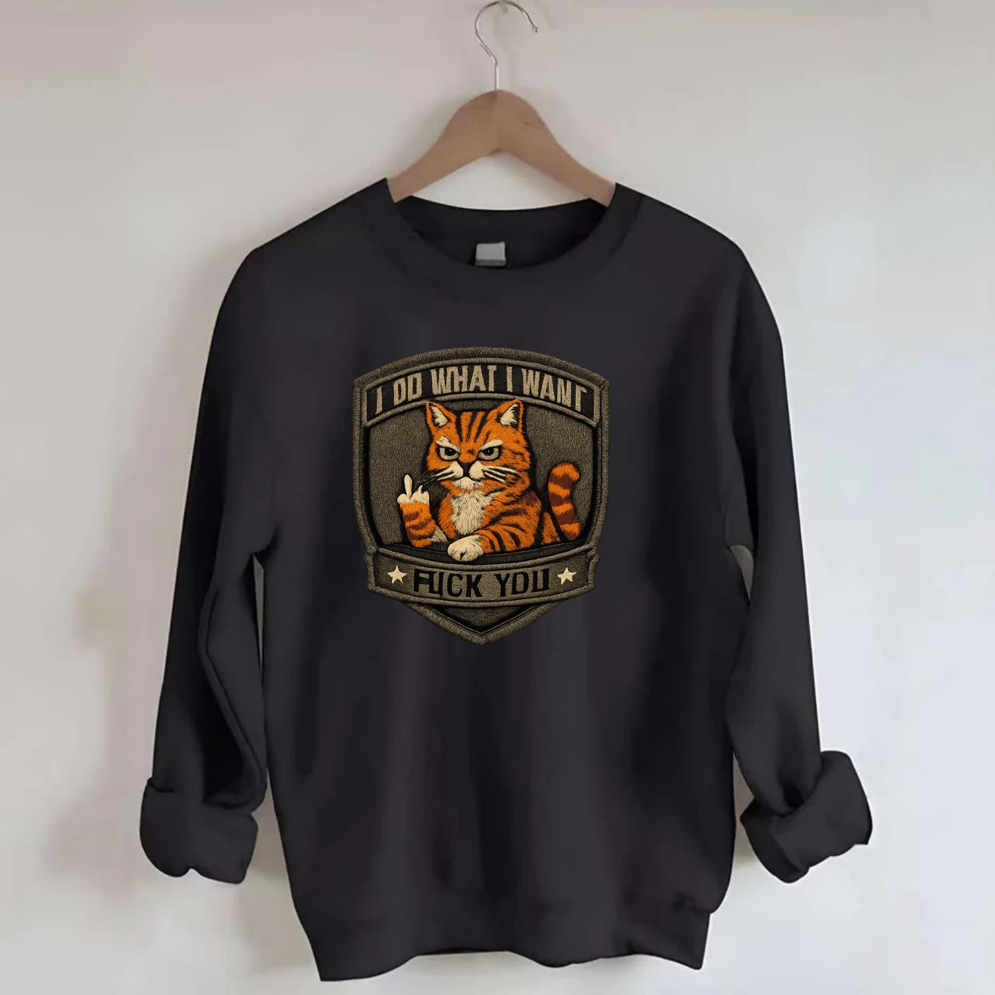 I DO WHAT I WANT CAT - sassy cat in orange , feline attitude - Crewneck Sweatshirt - black
