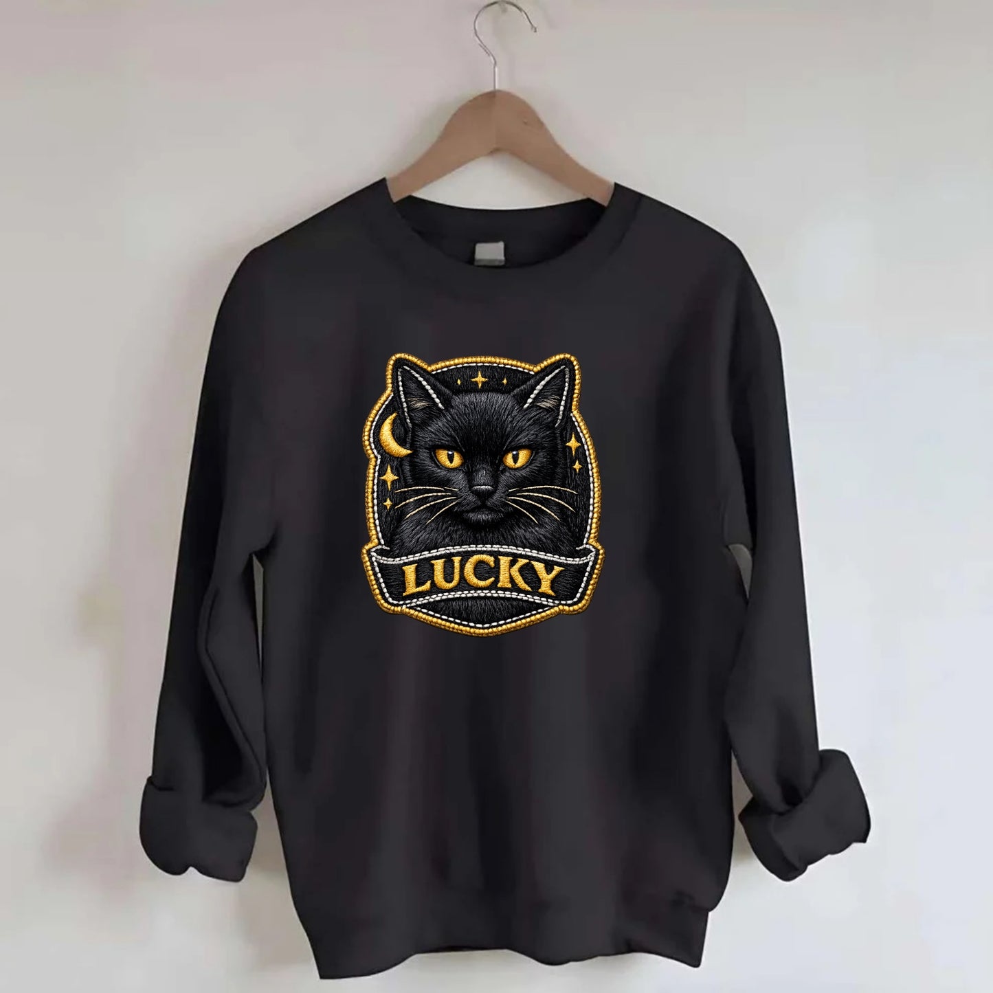 BLACK CAT LUCKY - sleek black cat with gold eyes in black , mysterious feline - Crewneck Sweatshirt - black
