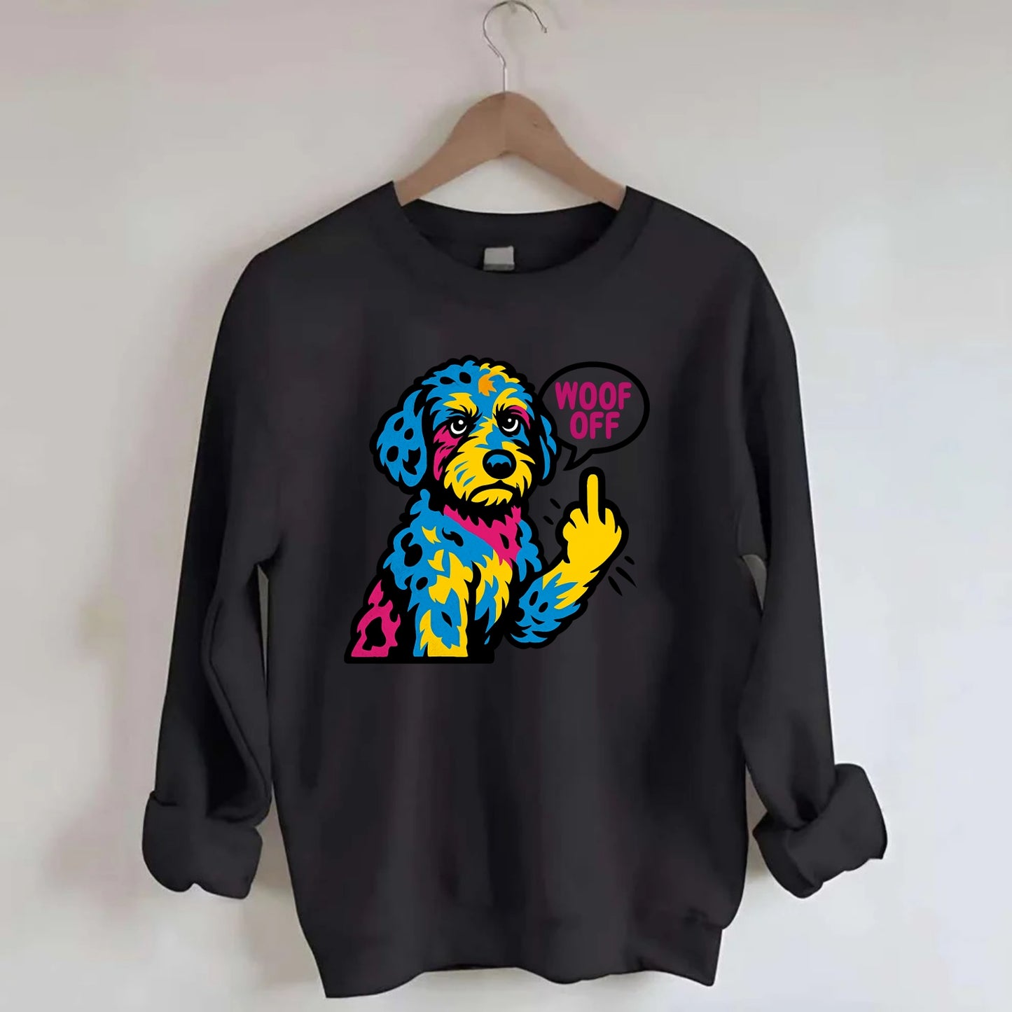 Aussiedoodle with merle patches and curly coat, playful smart paw raised - Crewneck Sweatshirt - black