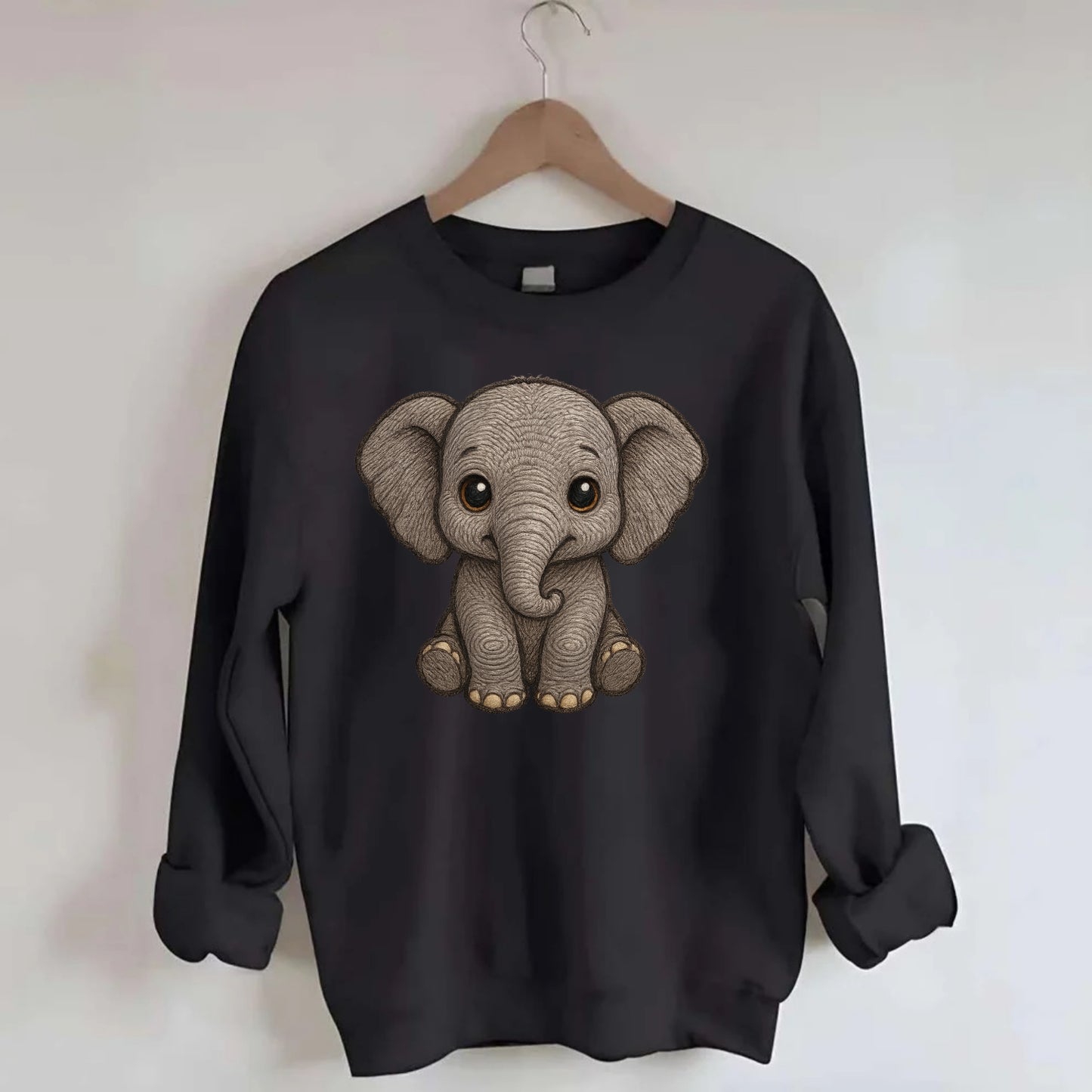 Baby Elephant - gray wrinkly, tiny trunk, large floppy ears, kind dark eyes, - Crewneck Sweatshirt - black