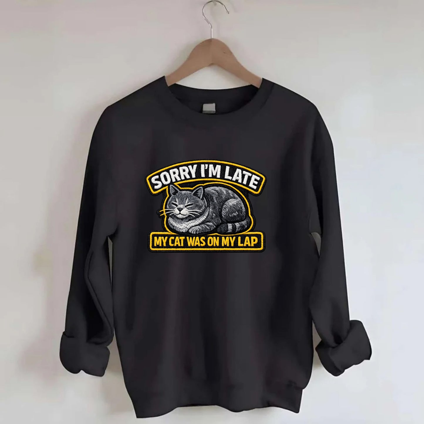 SORRY IM LATE MY CAT WAS ON MY LAP - cat loaf in gray , valid excuse - Crewneck Sweatshirt - black