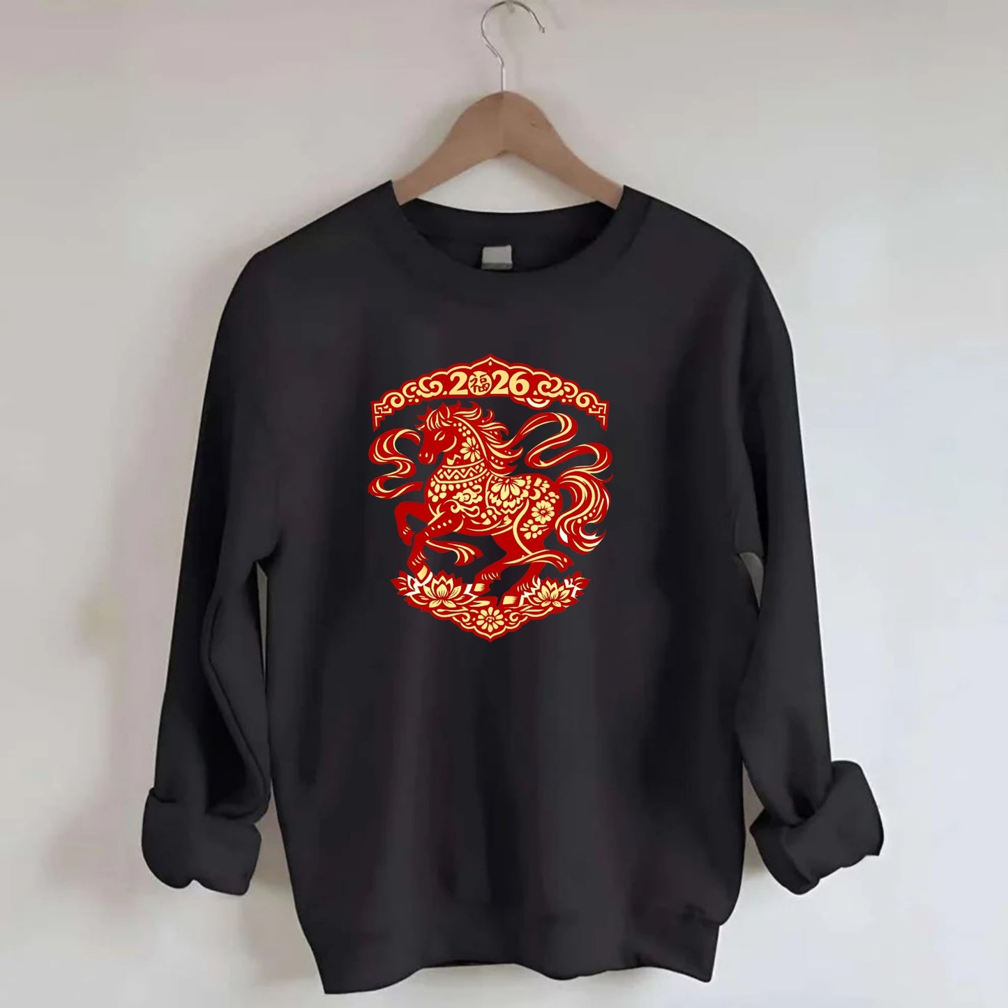 DANCING HORSE | Elegant prancing horse in motion | Graceful curved pose | - Crewneck Sweatshirt - black