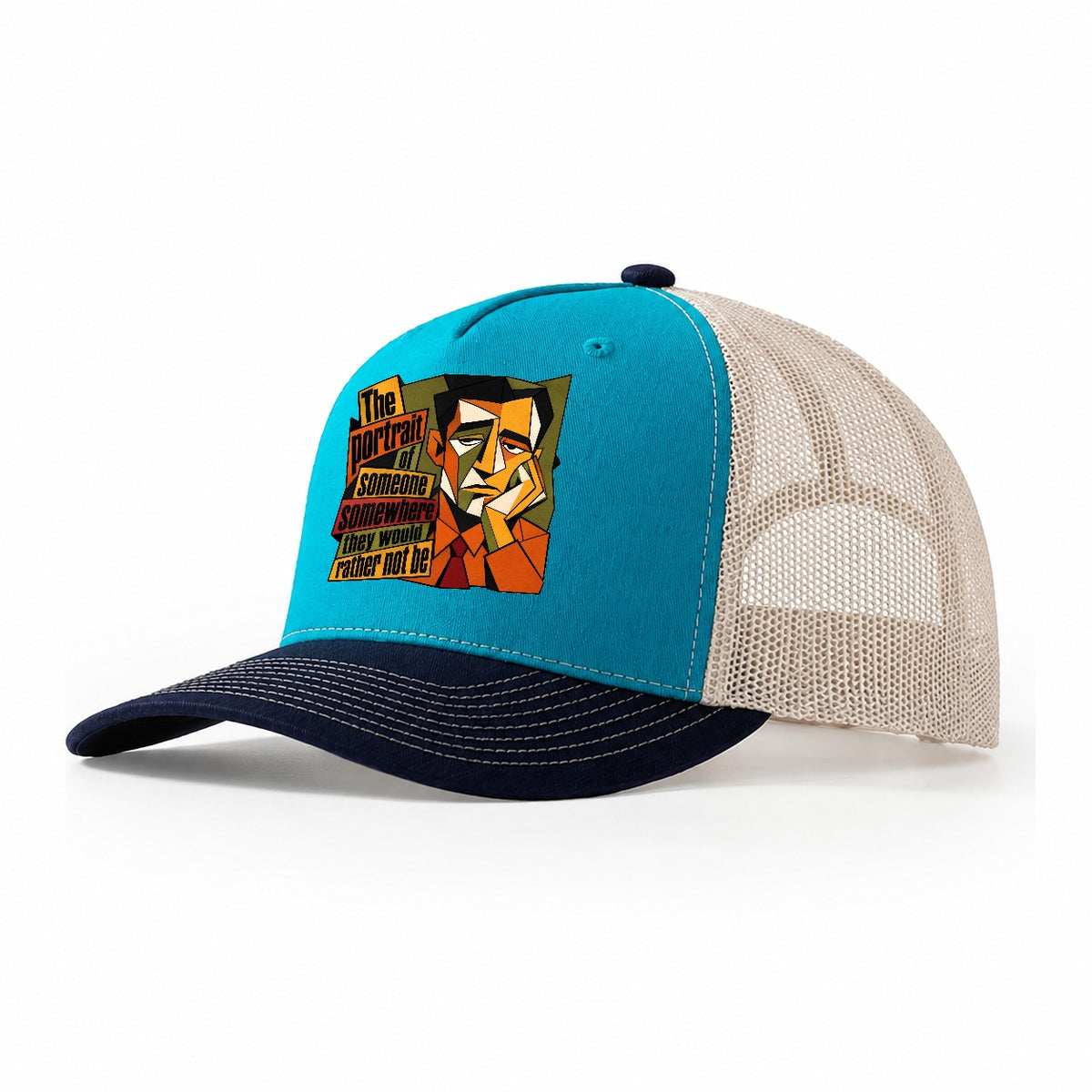 Bored Office Man Portrait Trucker Hat – Teal Navy