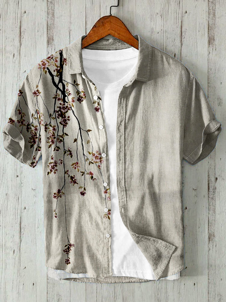 'Japanese Cherry Blossom Sunset Linen Blend Shirt'