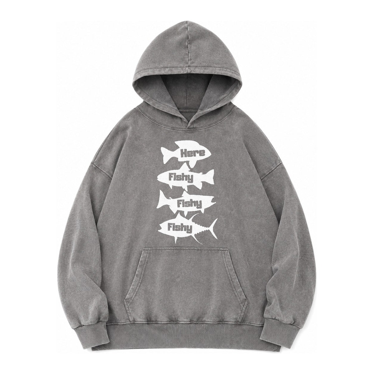 Here Fishy Fishy Fishy Vintage Washed Hoodie – grey