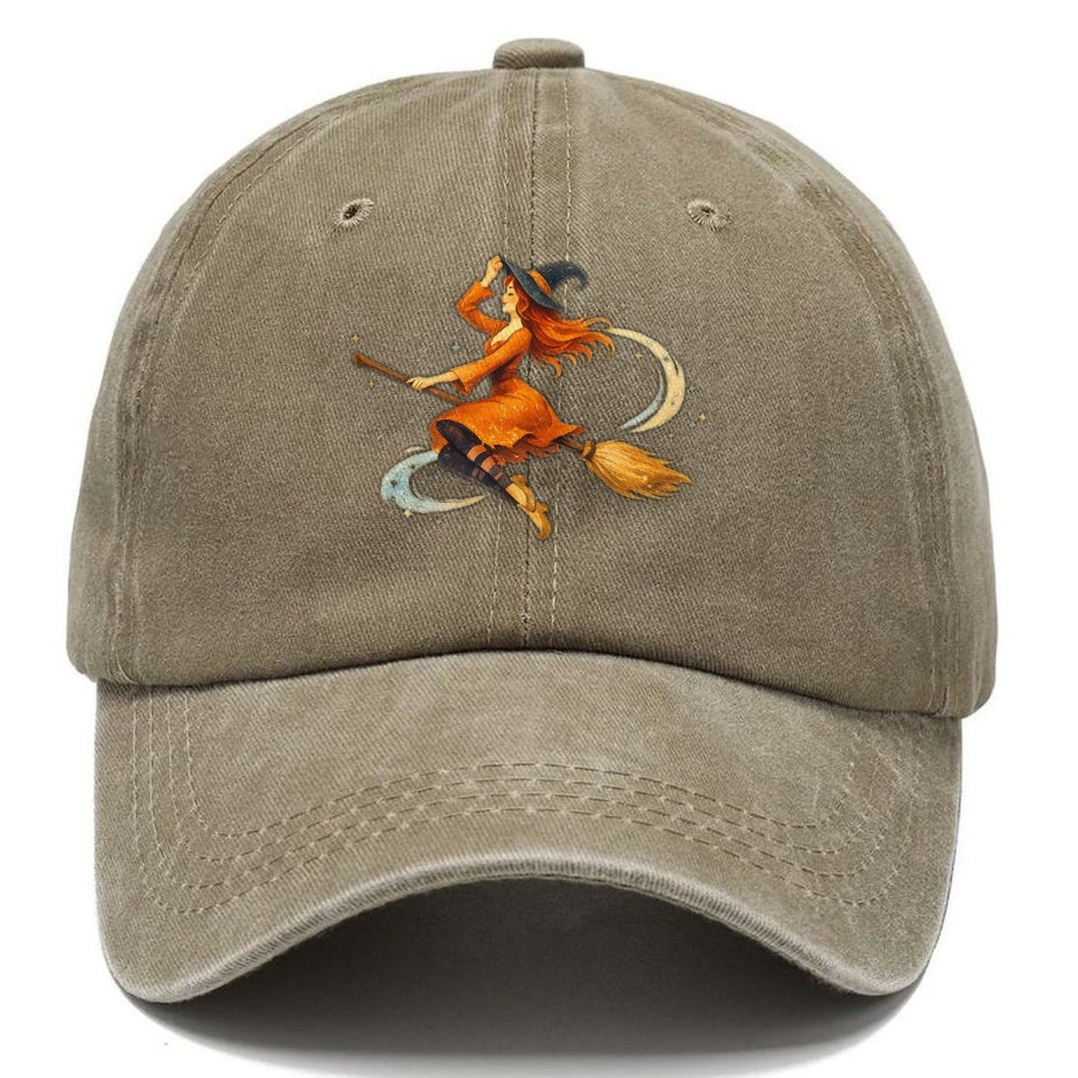 Reimagined Vintage Charm: Enchanting Witch On Broom Classic Cap – Warm Sand