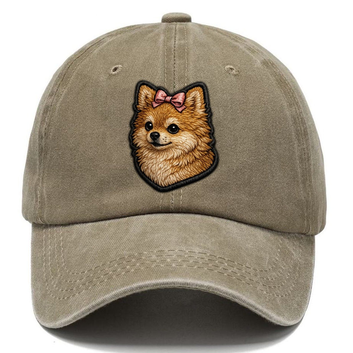 Pomeranian Modern Tiny Dog Logo with Bow Classic Cap – Warm Sand
