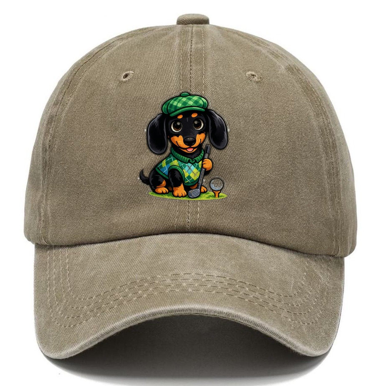 Dachshund Golfer Argyle Classic Cap – Warm Sand