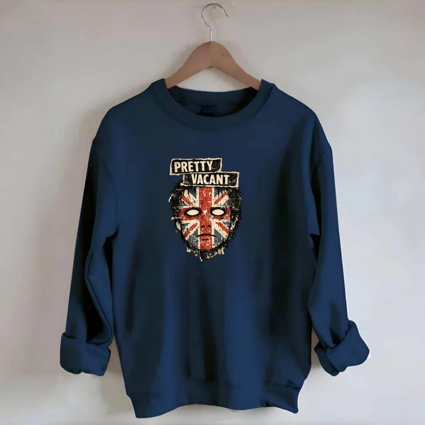PRETTY VACANT | Blank stare Union Jack face | Empty expression | Punk - Crewneck Sweatshirt - navy