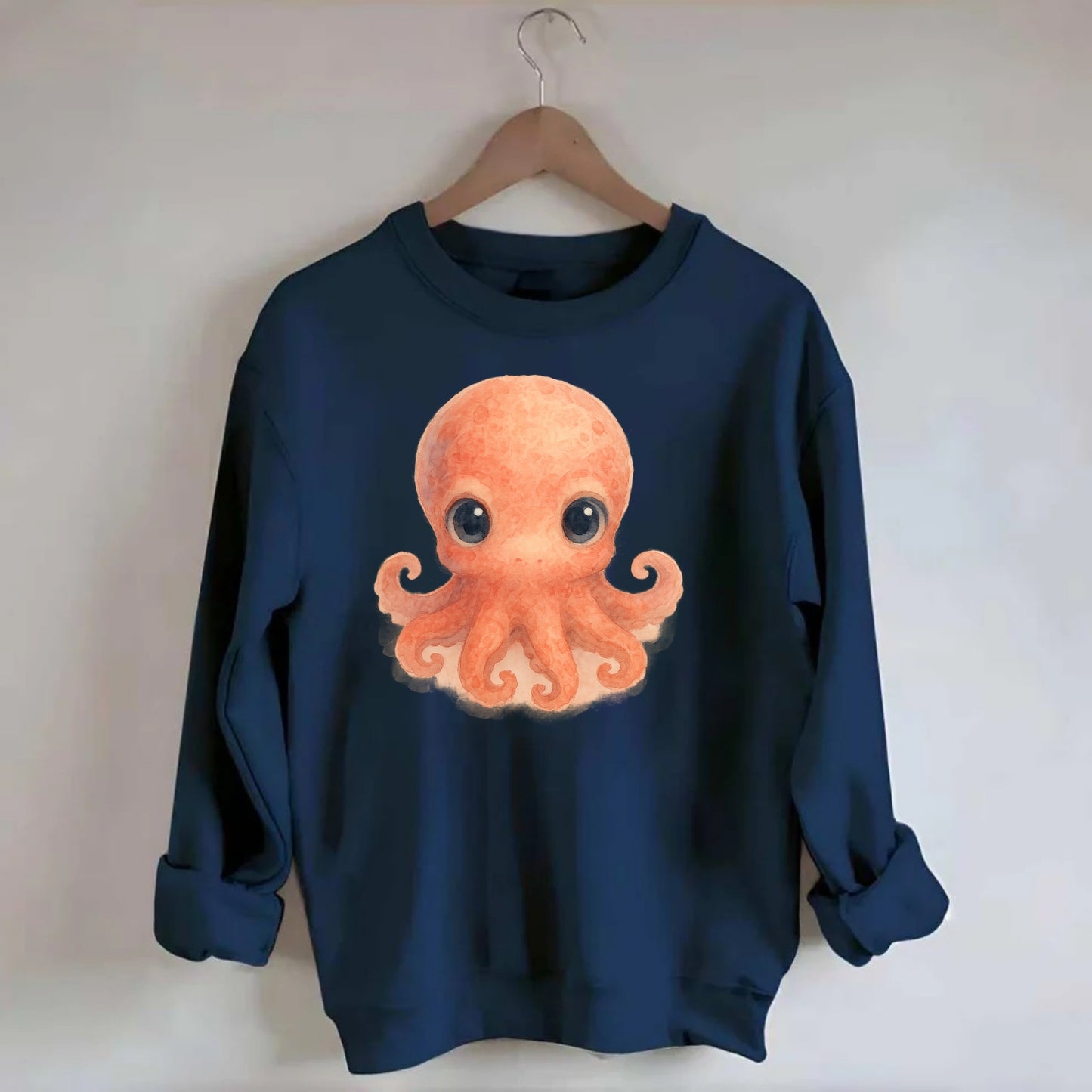 Baby Octopus - red-orange, eight tiny tentacles curled, large intelligent - Crewneck Sweatshirt - navy