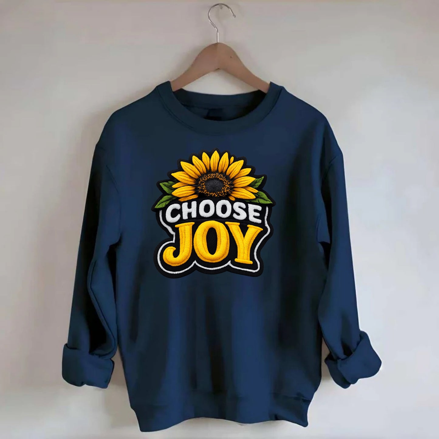 CHOOSE JOY - sunflower with text in yellow , happiness choice - Crewneck Sweatshirt - navy