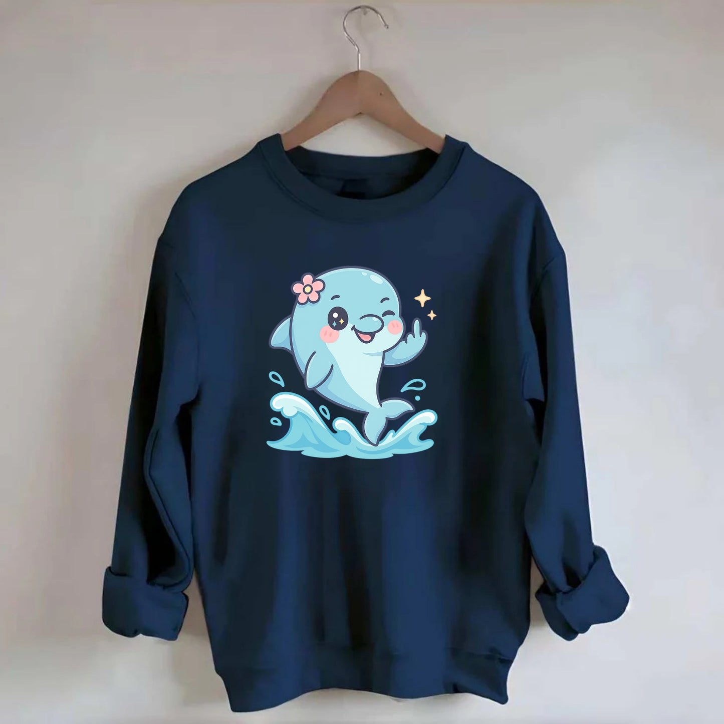smiling dolphin jumping through ocean waves, one fin up with attitude - Crewneck Sweatshirt - navy