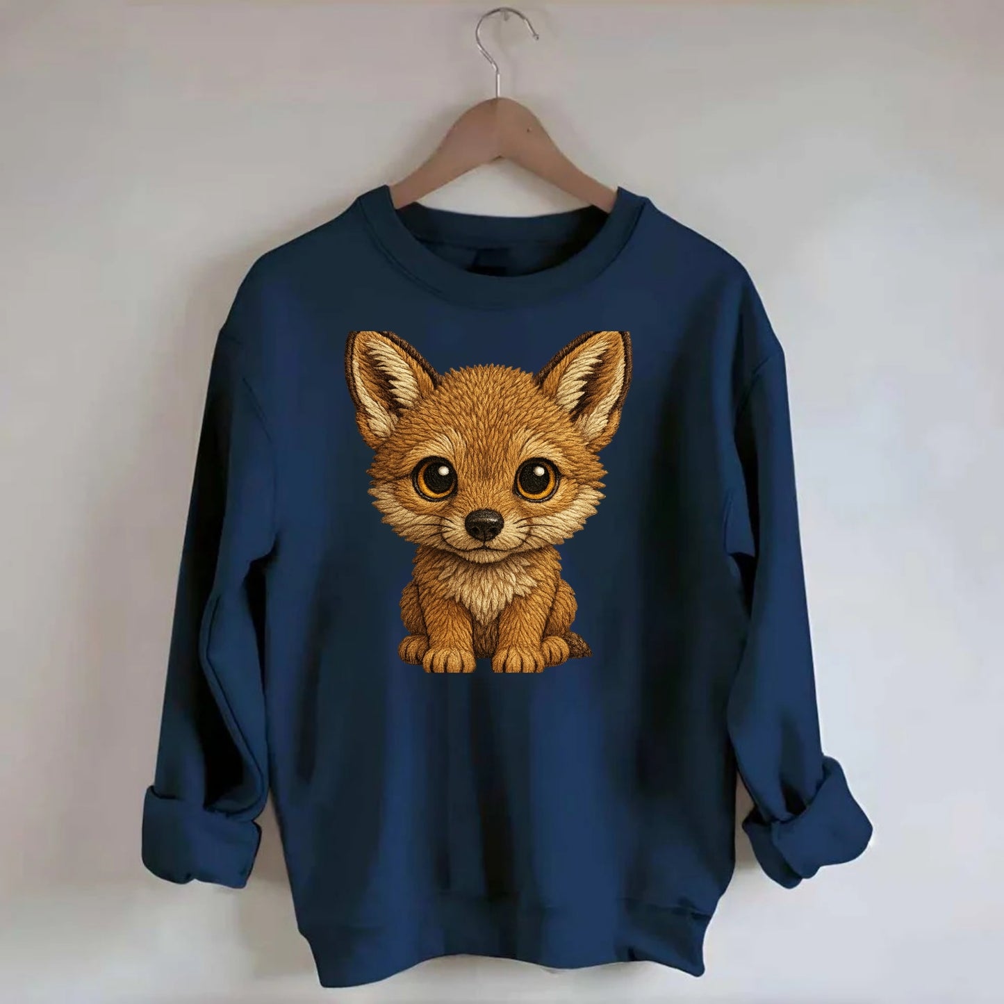 Baby Coyote Pup - tan fur, large ears, golden eyes, front-facing, clever baby - Crewneck Sweatshirt - navy
