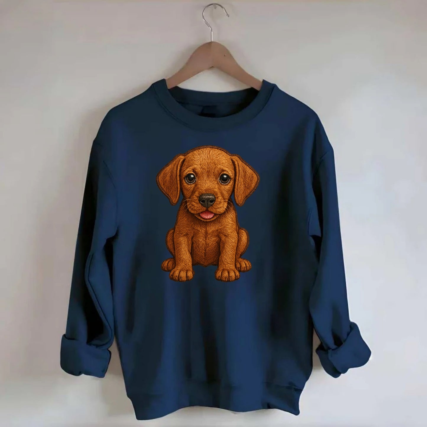Baby Vizsla Puppy - golden rust coat, soulful eyes, athletic build, - Crewneck Sweatshirt - navy