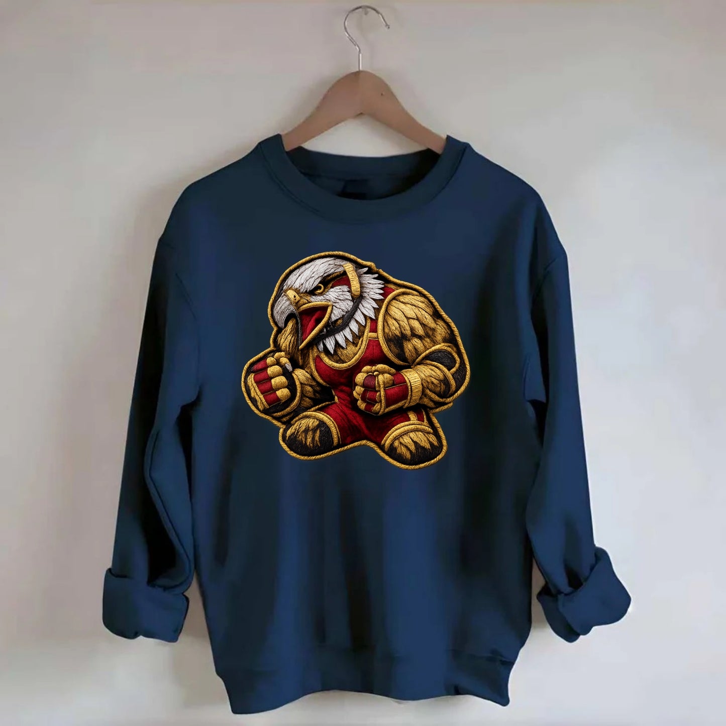 Embroidered patch design - WRESTLING EAGLE - fierce eagle with wrestling - Crewneck Sweatshirt - navy