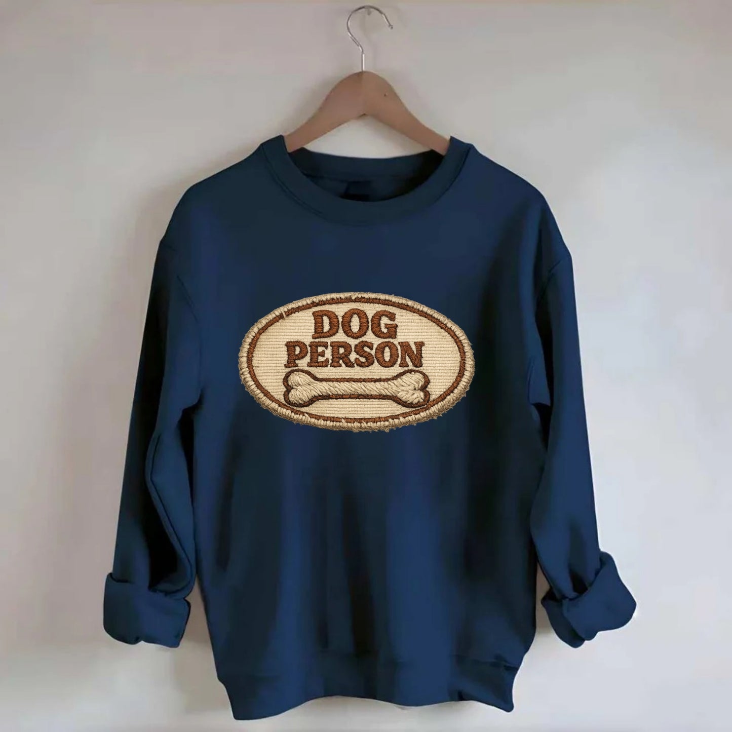 DOG PERSON - simple text with bone in brown , team dog - Crewneck Sweatshirt - navy