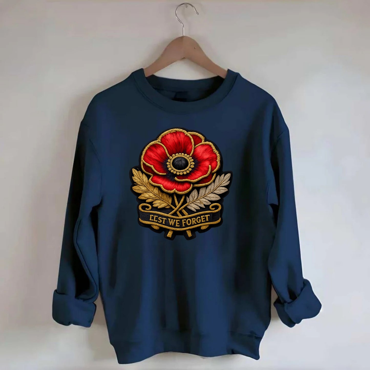 MEMORIAL POPPY - red poppy flower in scarlet , remembrance - Crewneck Sweatshirt - navy