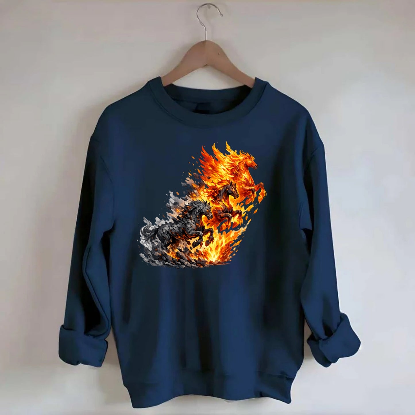 INFERNO STALLION | Horse made entirely of living flames | Blazing mane and - Crewneck Sweatshirt - navy
