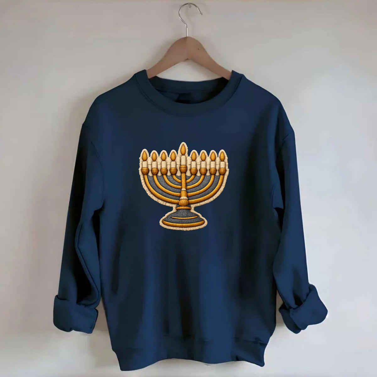 MENORAH LIGHTS - nine branch candelabra in gold and blue , Hanukkah - Crewneck Sweatshirt - navy