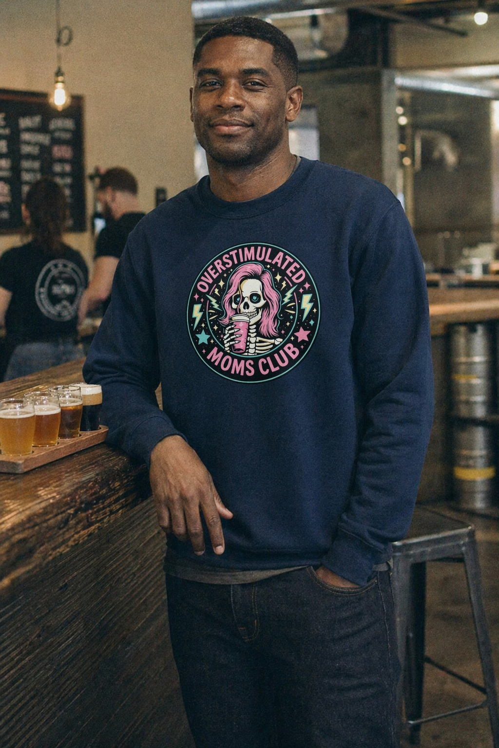 Model wearing Overstimulated Moms Club Crewneck Sweatshirt
