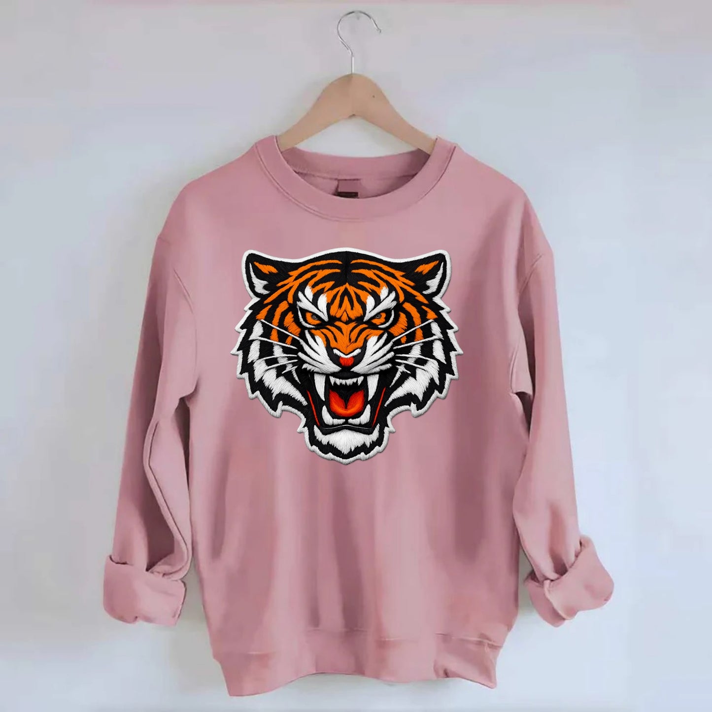 TIGER STRIPES FACE - fierce tiger face in orange, black and white , predator - Crewneck Sweatshirt - pink