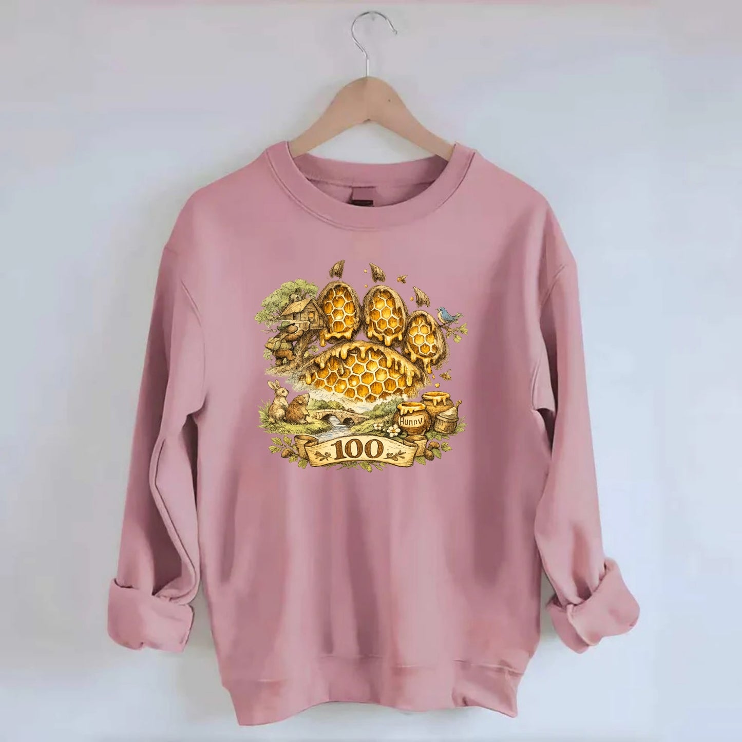 HONEY PAW | Bear paw print filled with honeycomb | Sticky evidence | Forest - Crewneck Sweatshirt - pink